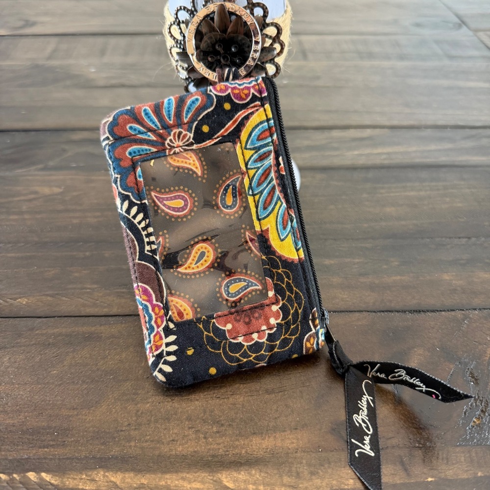 Vera Bradley Zip ID Case Womens Brown Paisley Key Chain Wallet Coin Purse